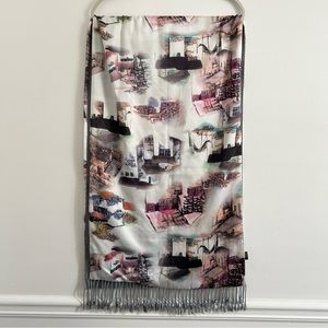4/$25 Chinese Scenery Watercolor Silk Scarf Fringe Ends in White and Soft Grey